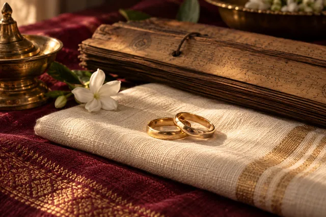 ඇත්දළ පැහැති රෙදි මත රන් මංගල මුදු සහ පාරම්පරික පුස්කොළ පොතක්